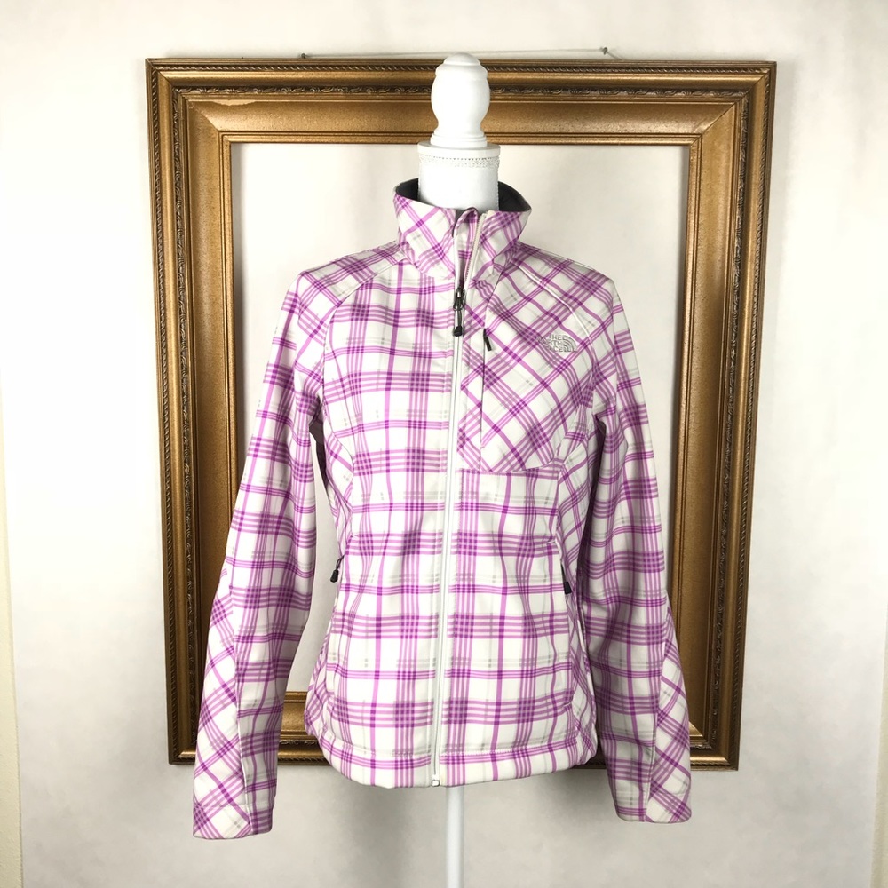 NORTH FACE purple plaid white soft shell jacket, M